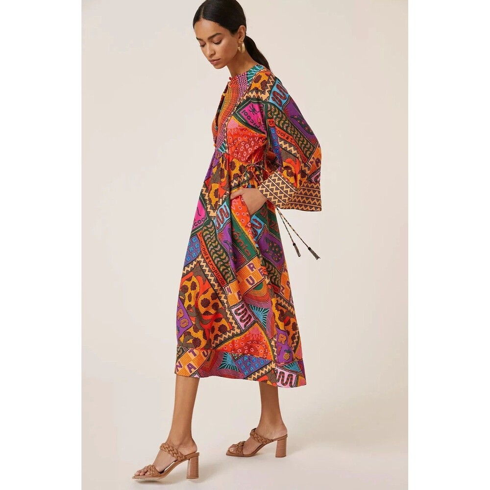 Anthropologie Farm Rio Dotted Patchwork Midi Colorful Dress Size L